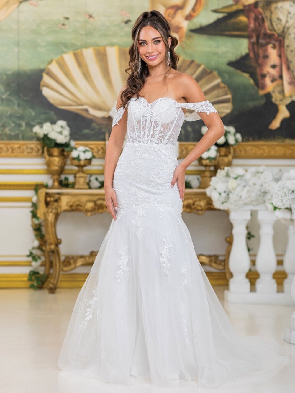 NEW OFF WHITE Shoulder Wedding Dress Floor Length With Train 0296